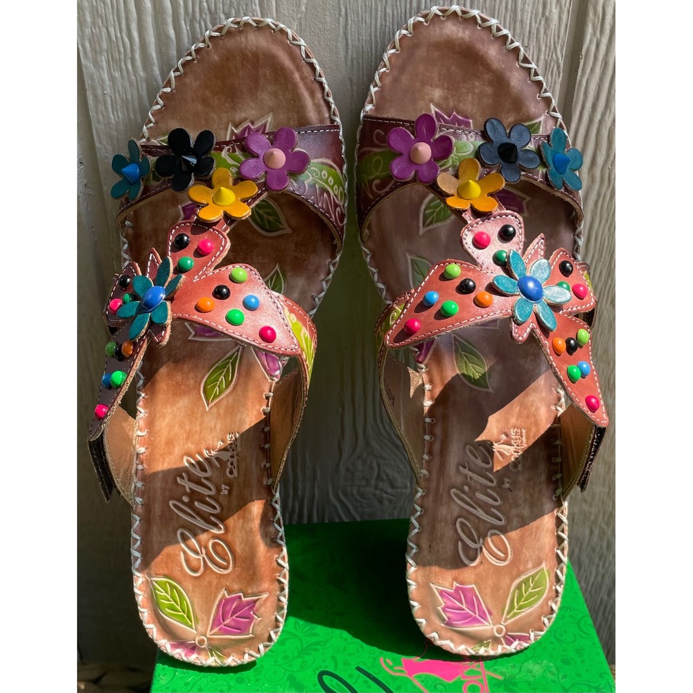 Elite by Corkys Wedge Sandals Women 9 Brown Rosie Floral Hand Painted Boho Studs